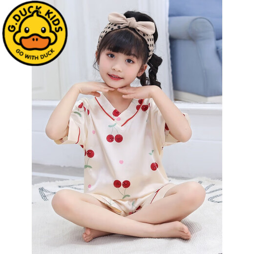 G.DUCKKIDS儿童睡衣女童夏季冰丝薄款短袖星黛露女孩丝绸夏天宝宝空调服套装 688樱桃香槟色 8码建议身高100-110cm4-5岁