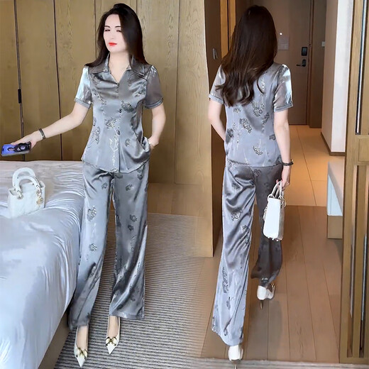 Xin Yimei Fashion Set Damen 2025 Sommerstil Female Abdeckung von Fleisch schlampig Kurzarmhemd Wide Legs Ice Wire Zwei-teiliger grauer XL [Gewicht 111-120jin [Jin gleich 0,5 kg]]