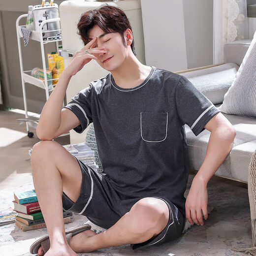 Mu Fengqing pajamas for men in summer cotton thin short sleeves plus fat plus size casual can wear men's youth home clothing suit 9928 [H series men's short-sleeved shorts suit] XL [Suggested 130-150Jin [Jin equals 0.5 kg]]