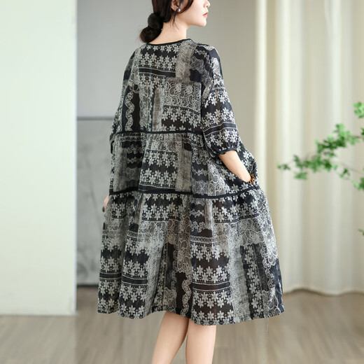 Jiandang large size women's fat MM summer printed neckline tether loose to cover the belly 200 Jin [Jin equals 0.5 kg] Slimming dress 6190 Black 2XL [165-190 Jin [Jin equals 0.5 kg]]