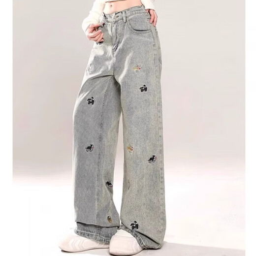American high street jeans for women with large size trendy design embroidery high waist slimming loose straight wide-leg floor pants Blue L