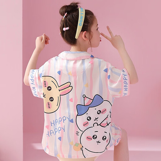 酷章（KUZHANG）女童睡衣夏季冰雪丝短袖短裤薄款2025新款卡皮儿童女孩家居服 6626-紫色库洛米冰雪丝 130 14码身高CM-140CM