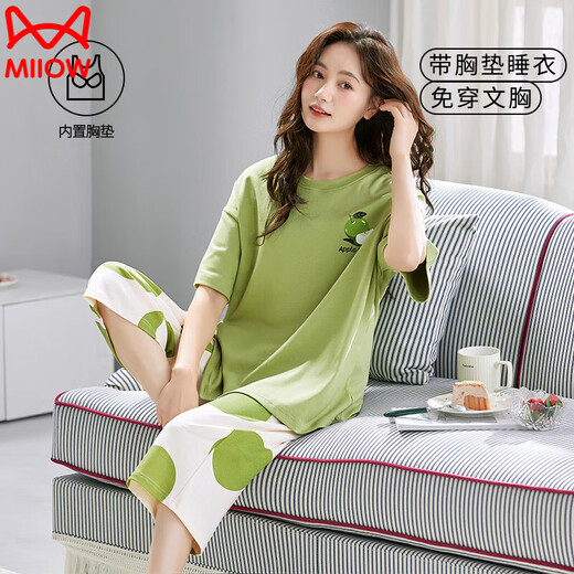 
Catman (MiiOW) comes with breast pads for women short-sleeved cropped pants pajamas summer integrated cotton set home clothing high school student dormitory with chest pad 679 barbie bear short-sleeved cropped pants M 75-95Jin [Jin equals 0.5 kg]