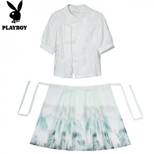 
Playboy; PLAYBOY new Chinese jacquard retro stand collar button Chinese style short-sleeved top one-piece national trend printed horse-face skirt suit for women 2375 white + 2396 green + 12187 white M