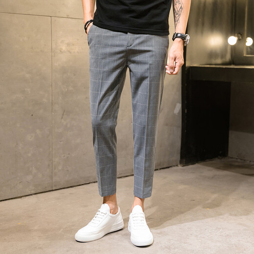 Jessons Casual Hosen Herren Sommer Dünne Eis Seidengeschnittene Hosen Schlanker kleiner Fuß kariertes Hosen Koreanischer Stil trendiger Herrenanzug Hosen K690 Schwarz (Crop Hosen) 32