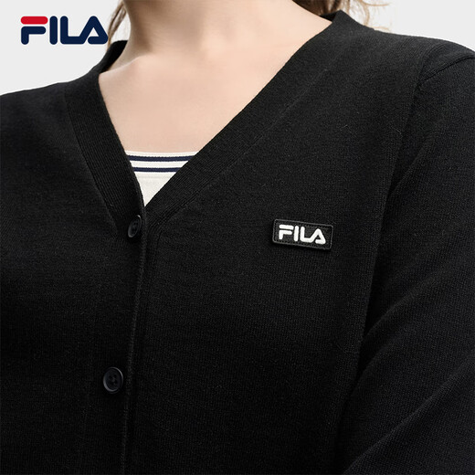 FILA official women's braided jacket 2025 autumn new fashion casual and comfortable V-neck sweater cardigan, black - BK 2XL 180/96A/XXL