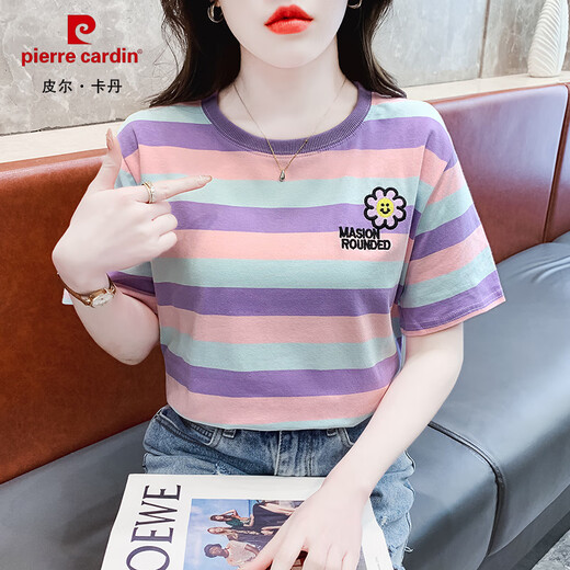 皮尔卡丹（pierre cardin）条纹短袖t恤女宽松韩版女装2025年夏季新款百搭体恤圆领半袖上衣 紫色 9928 M 建议95-105斤