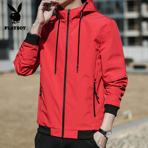 Playboy (PLAYBOY) autumn jacket for men 2025 new autumn hooded youth loose jacket short solid color jacket K12131 gray 2XL [recommended 150-165Jin [Jin equals 0.5 kg]]