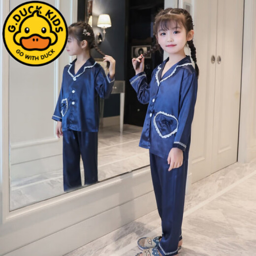 G.DUCKKIDS女童冰丝睡衣儿童夏季长袖公主小女孩宝宝空调服春秋真丝大童套装 【短长套装】1050字母爱心 16码适合体重55-65斤6-7岁
