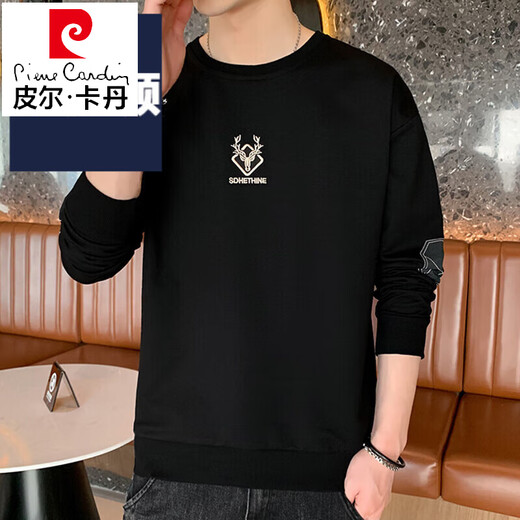 Pierre Cardin Herren-Langarm-T-Shirt, locker, trendig, Marke, kleines Hemd, 2023, neues T-Shirt, Frühlings- und Herbst-Tops, Sweatshirt, Herren, trendiger Samt, verdickt, 1105, Schwarz, XL, ca. 130–145 Jin Jin entspricht 0,5 kg, kann getragen werden