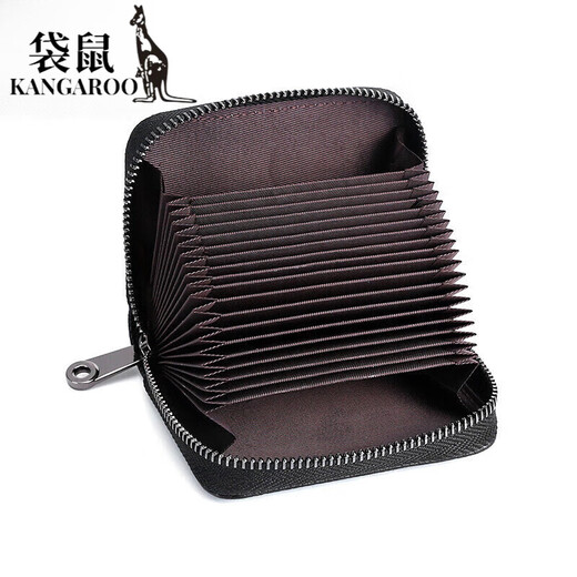 袋鼠（KANGAROO）精致头层牛皮风琴卡包男女防消磁防盗刷大容量卡套小巧卡夹零钱包 黑色14卡