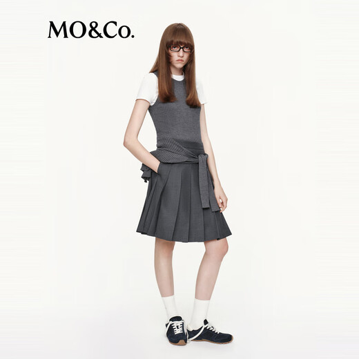MO&Co. C+ Series Skirt 2025 Autumn New Sheep Wool Worsted I-pleat High Waist MBE3SKT030 Dark Pattern Gray S