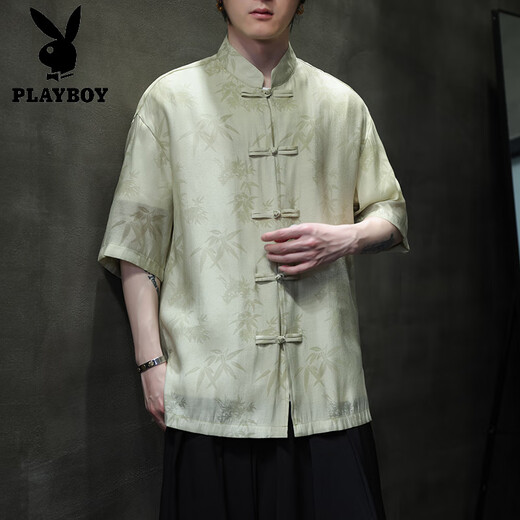花花公子（PLAYBOY）夏季轻薄款短袖衬衫新中式古风盘扣唐装男装中国风竹叶上衣中山装 CS9898白色 3XL