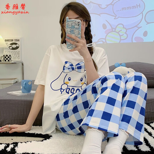 KNFN pajamas for women in 2024 new summer pure cotton short-sleeved trousers thin Korean style loose-fitting home clothing suit 6627 black plaid pants M size 80-100Jin [Jin equals 0.5 kg]