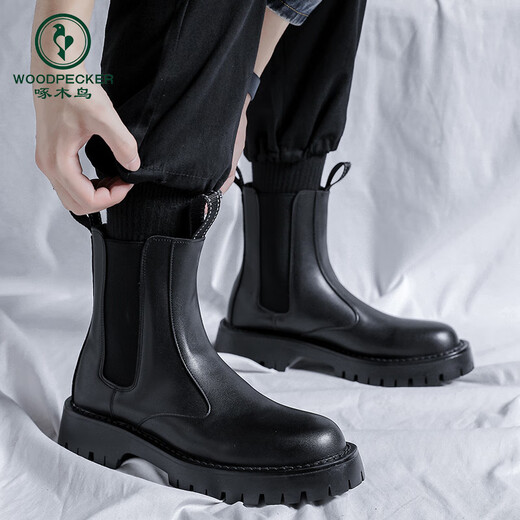 Specht Frühling und Herbst Chelsea Boots Herren Boots Britische Martin-Stiefel Herren Winter Plüsch-Chime-Stiefel High-Top Dicke Sohle-Männerstiefel 3524 Schwarz [Höhe 15 c m] 37