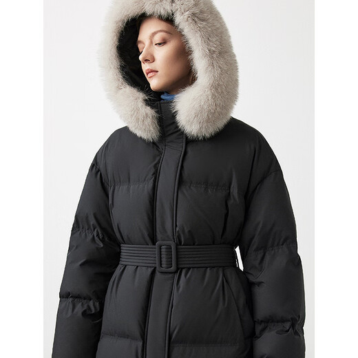 朗姿霍尔多巴吉白鹅绒可拆卸狐狸毛领加厚羽绒服外套冬季新款 黑色 M