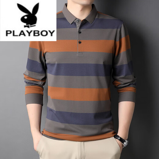 花花公子（PLAYBOY）中青年纯棉长袖T恤男春秋翻领Polo.衫条纹体恤打底衫时尚潮流上衣 蓝色9918MSJ纯棉 175/XL 140斤-155斤