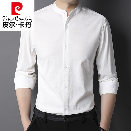 Pierre cardin high-end small stand-collar cotton shirt men's 2025 spring and autumn long-sleeved shirt casual inner Chinese collar inch shirt thin 9930 black 175/L