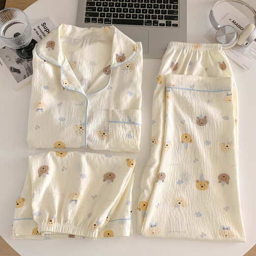 诗迦努2025新款卡通短袖睡衣女三件套云朵纱家居服七夕 云朵棉-J9901乐园小狗三件套 M 【建议75-100斤】