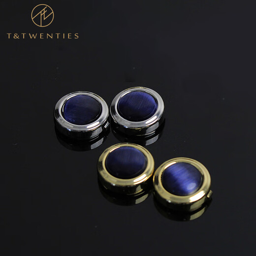 T&Twenties简约免打孔袖扣男士西装衬衫纽扣法式男西服衬衣袖口装饰扣女袖钉 KT002_深海蓝猫眼石&金色镶边-1