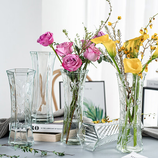 Chengai transparent glass vase, simple and noble, bamboo lily, hydroponic pothos plant, rich vase, living room flower arrangement, 30cm higher, hexagonal (bamboo leaf pattern), 30cm high