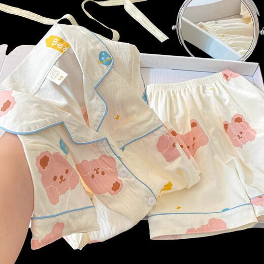 Balabala Children's Pyjamas Summer Summer à manches courte à manches coton Cotton Style Girls 2025 NOUVEAU ÉTÉ COMPRISES MIGUES MIGLE HOME SET F757 # SEAT SIGNE CHEPS COURTS + Shorts 100 L Taille Hauteur 160-165 cm Poids-115
