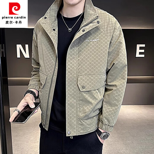 Pierre Cardin Jacket Men's 2025 Autumn New Jacket Men's Handsome Stand Collar Spring and Autumn Versatile Casual Youth Tops Green XL 125-140Jin Jin equals 0.5 kg