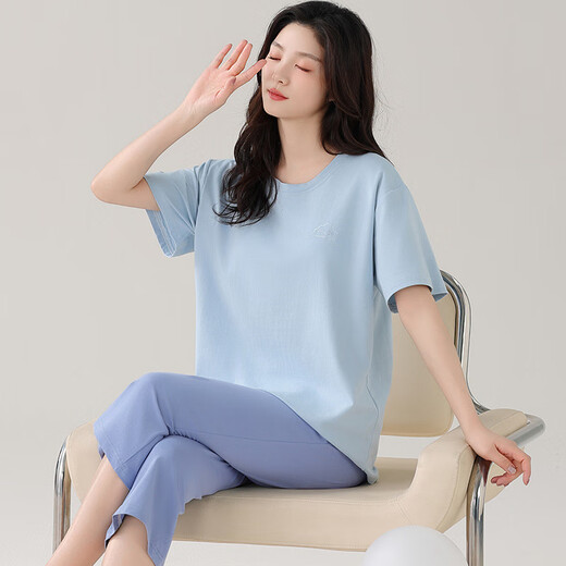 雅鹿莫代尔睡衣女夏加肥加大码短袖七分裤夏天薄款宽松套头家居服套装 XP-7027 M