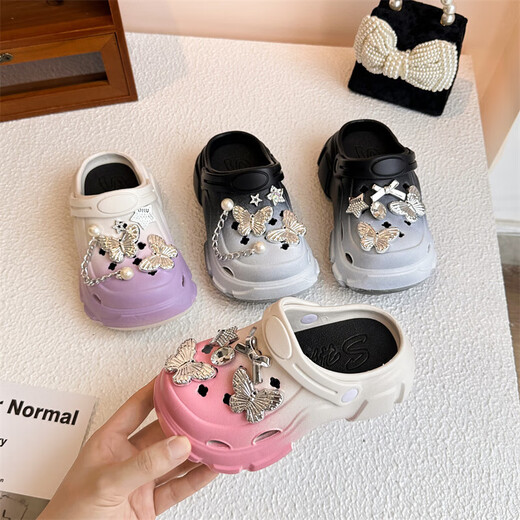 Children's sandals, girls' clogs, sandals, non-slip toe-cap slippers, 2025 summer new color-blocking beach shoes, black butterfly stars, size 34-35, inner length 21cm