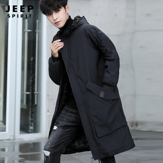 JEEP SPIRIT spring and autumn mid-length windbreaker men's cloak loose jacket plus fat plus size coat fat man hooded trendy thickened black quilted and thickened 6XL