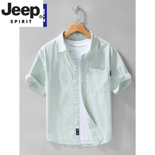 JEEP SPIRIT高端男士纯棉短袖衬衫日系休闲夏季薄款条纹衬衣新款潮流拼接上衣 9740浅蓝色 XL