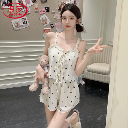 Langsha Pajamas de suspensión de alta gama para mujeres con la almohadilla del cofón de hielo delgado de dos piezas Sweet Sexy Pure and Deliciced Small Floral Home Ropa KZ7371 Black Butterfly M