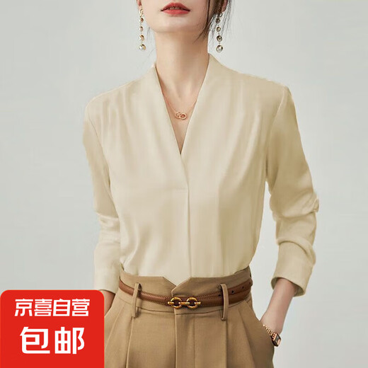 V领白色衬衫女长袖春秋新款大码高端职业装正装教资面试通勤衬衣 675杏色V领衬衫【高品质缎面】 M 推荐【96-110斤】