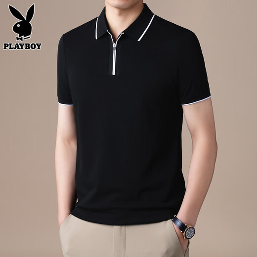 花花公子（PLAYBOY）高端半拉链Polo衫男士短袖t恤夏季新款宽松冰丝半袖上衣服男T舒适 FYMB9276石墨灰 XL 【121-140斤】