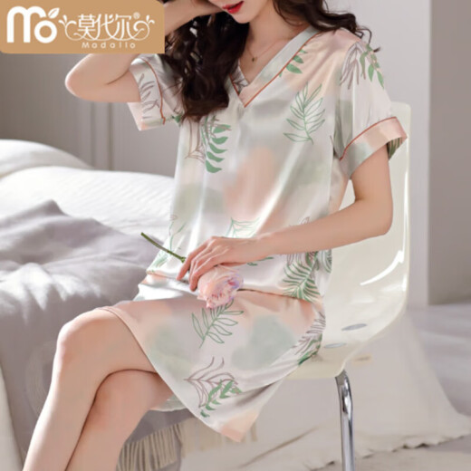 
Modal 2025 new nightgown for women summer ice silk short-sleeved mid-skirt pajama thin summer women imitation silk summer dress Mint blue M9928 [short sleeves/breastless pad] M 160