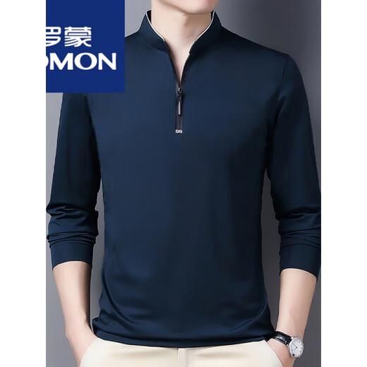 罗蒙（ROMON）棉长袖t恤男休闲薄款体恤上衣春秋季中年男装立领打底衫 长袖6623哈青 薄款 XL 175建议140-160斤