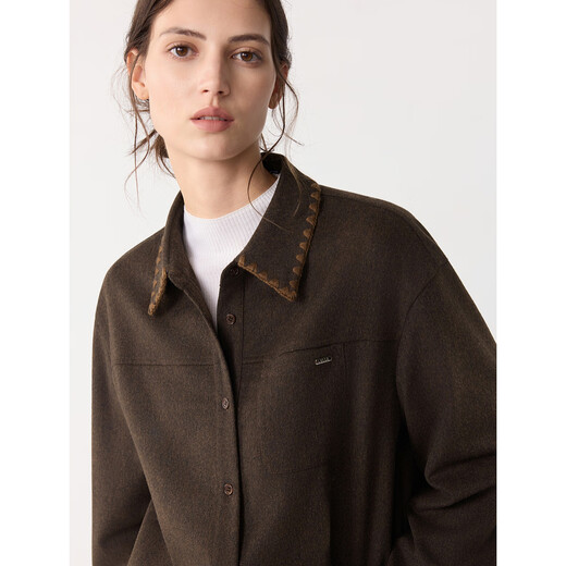 ELLE Retro Sheep Wool Embroidered Lapel Shirt Women's 2025 Winter New Design Loose Niche Shirt Brown S