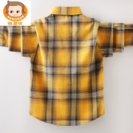 Hengyuanxiang children's shirts, boys' shirts, long-sleeved autumn and winter new children's plaid shirts, medium and large children's baby brushed tops, Korean orange blue 160 cm