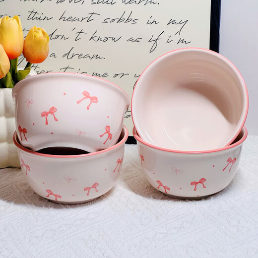 Pink and blue bow ceramic bowl home eating bowl ins high-looking underglaze color tableware dessert bowl soup bowl noodle bowl 1 bow 4.5-inch bowl