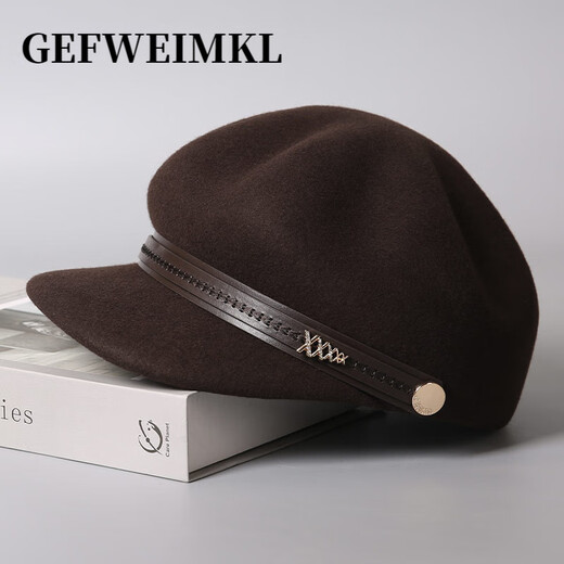 GEFWEIMKL retro pu belt equestrian hat women's autumn and winter merino wool felt hat versatile octagonal hat temperament peaked hat khaki adjustable (56-58cm)