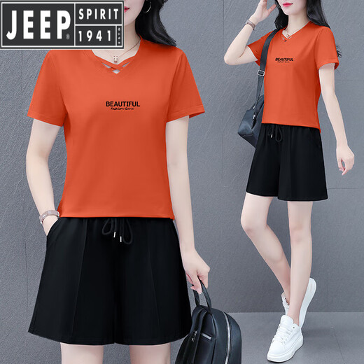 JEEP SPIRIT纯棉短袖短裤套装女2025新款夏季时髦洋气跑步灰色休闲运动两件套 灰色(粉色爱心) M(80-95斤)