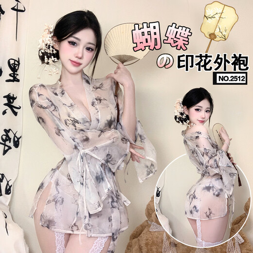 思幽情趣内衣性感蝴蝶印花透视系带深V开襟和服睡袍睡衣6227 古印花外袍 均码