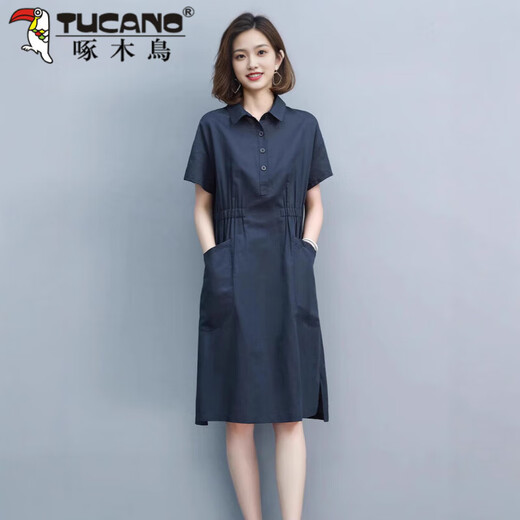 啄木鸟（TUCANO）连衣裙2025夏季新款潮纯色宽松休闲收腰显瘦大|码女装棉麻妈m妈裙 绿色短袖 3XL