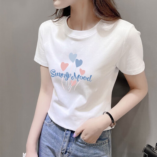 Kuzhang (Kuzhang) 2025 Sommer weißer kurzes Schulter Kurzarm T-Shirt für Frauen Neue kleine Menschen hohe Taille schlanker Baumwoll-Ins Top DG-756 Weiß M Empfohlen 80105jin [Jin entspricht 0,5 kg]