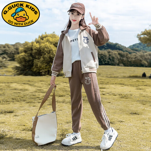 
G.DUCKKIDS girls spring and autumn suit 2024 new big children's girls' clothing fashionable sports two-piece set for children's girls' autumn clothes plus velvet H1396 gray style [coat + pants] 120cm