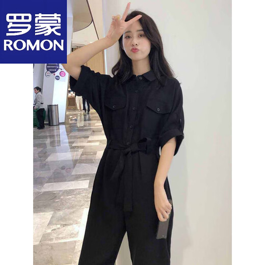 罗蒙（ROMON）时尚短袖工装连体裤女2025夏季新款小个子休闲宽松阔腿直筒连衣裤 浅杏色 S 80-95斤