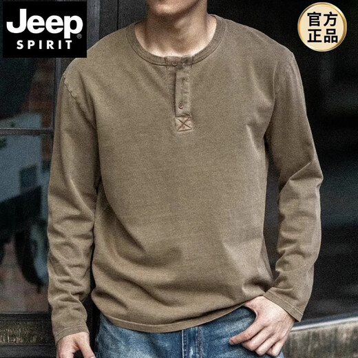 JEEP SPIRIT Jeep American retro men's henley shirt long-sleeved washed distressed t-shirt men's heavy henley collar top brown original M