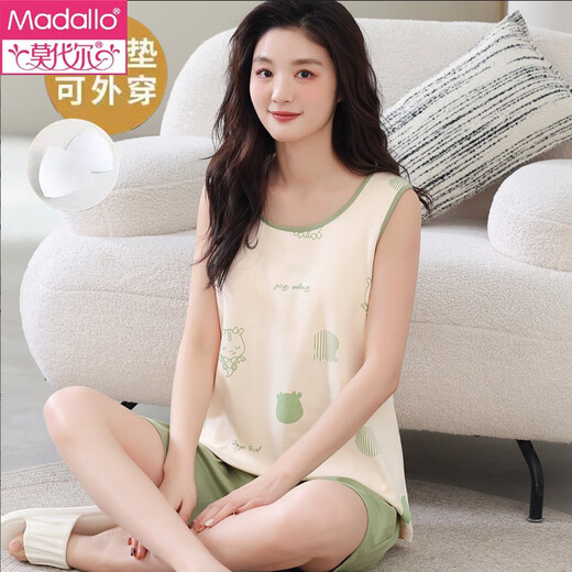 莫代尔带胸垫一体背心睡衣女夏舒适棉无袖大码家居服女生薄款可外穿套装 背心套装【带胸垫】F9855 XL 女 建议120-130斤