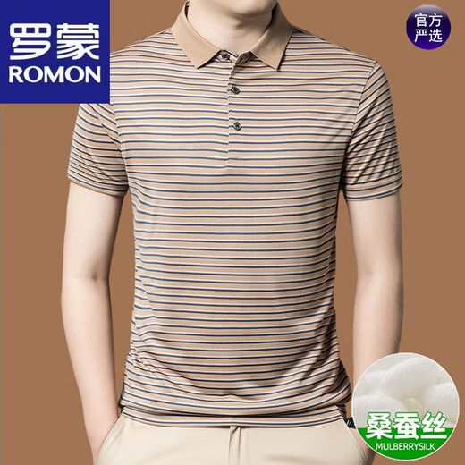 罗蒙（ROMON）高档轻奢桑蚕丝男士短袖T恤2025夏季新款爸爸装翻领条纹POLO衫男 BY-BY6218湖兰 XL 175(建议135-155斤内)