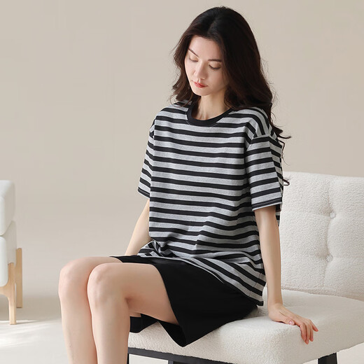 The same style as Pang Donglai DL 2025 pajamas for women in summer short-sleeved shorts for black stripes can be worn on the outside for simple home YZT9859_Set 2XL_Suggested 135-150Jin[Jin equals 0.5 kg]